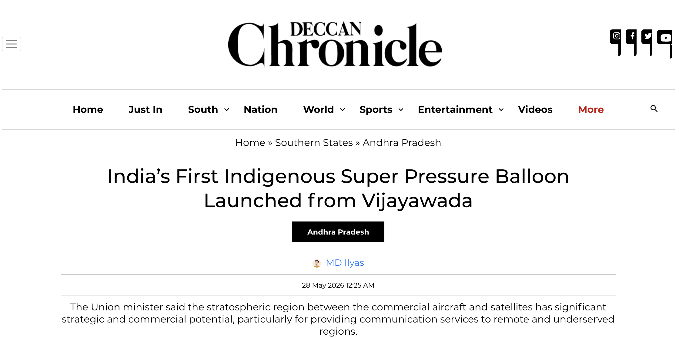 Deccan Chronicle — India's First Indigenous Super Pressure Balloon Launched from Vijayawada
