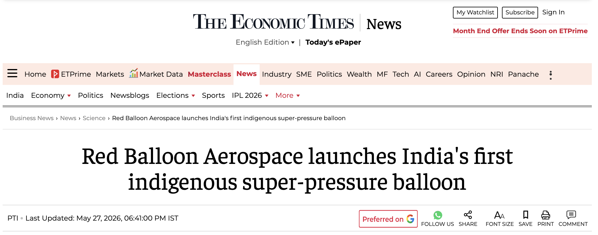 Economic Times — Red Balloon Aerospace launches India's first indigenous super-pressure balloon