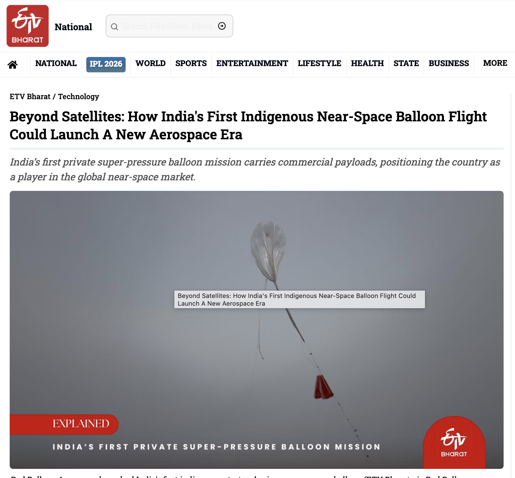 ETV-Bharat — Beyond Satellites: How India's First Indigenous Near-Space Balloon Flight Could Launch A New Aerospace Era