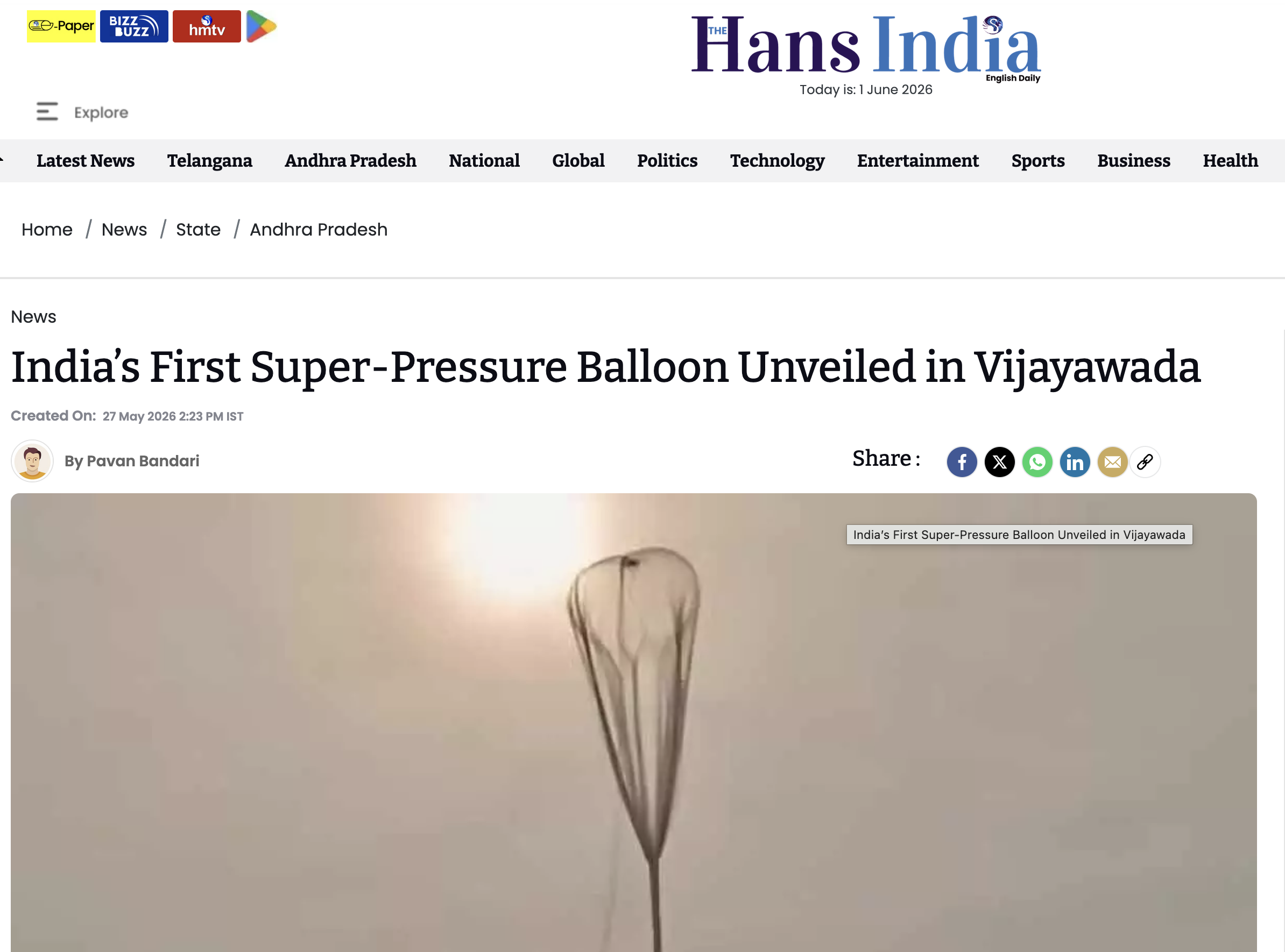Hans India — India's First Super-Pressure Balloon Unveiled in Vijayawada