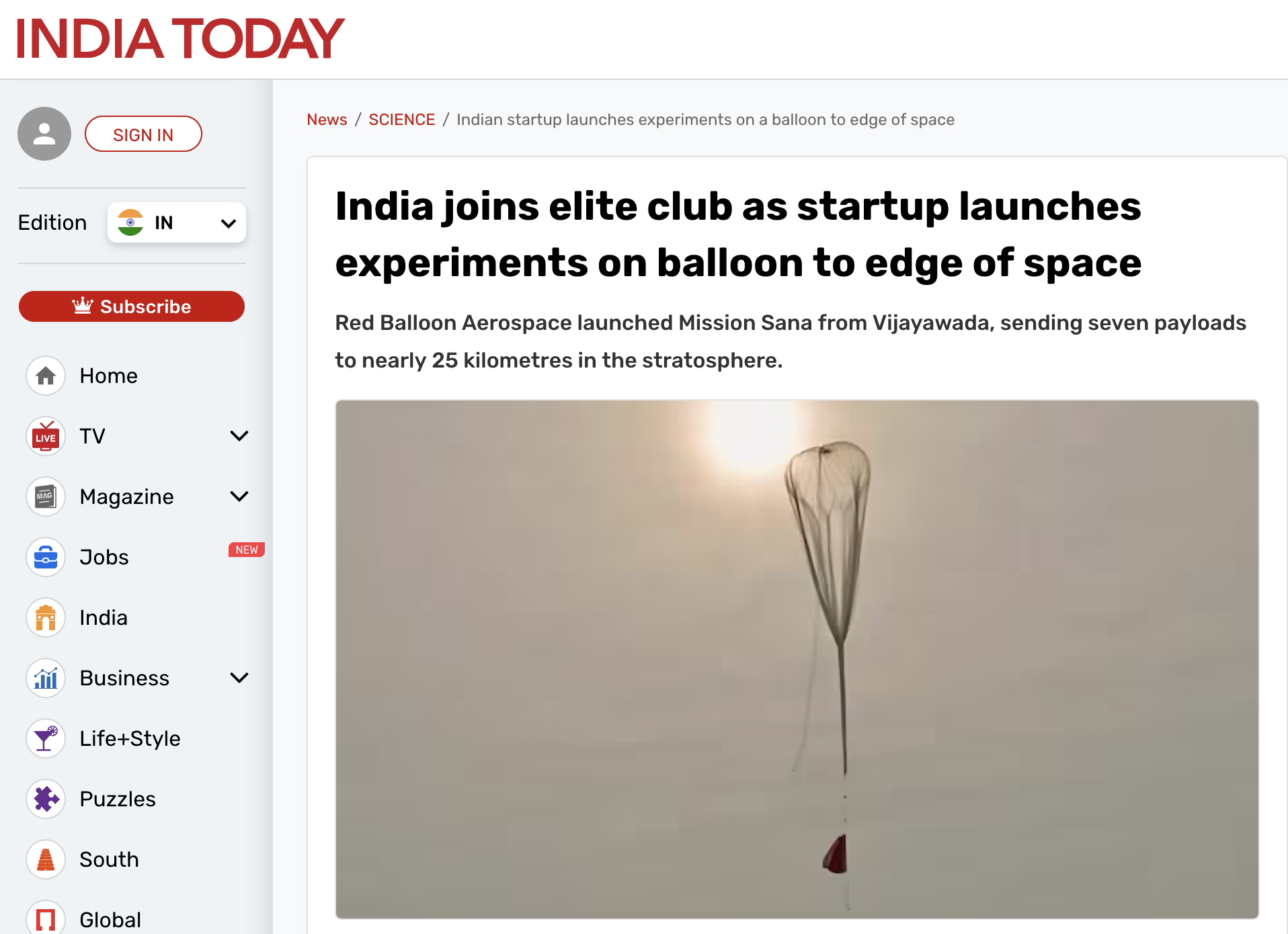 India Today — India joins elite club as startup launches experiments on balloon to edge of space