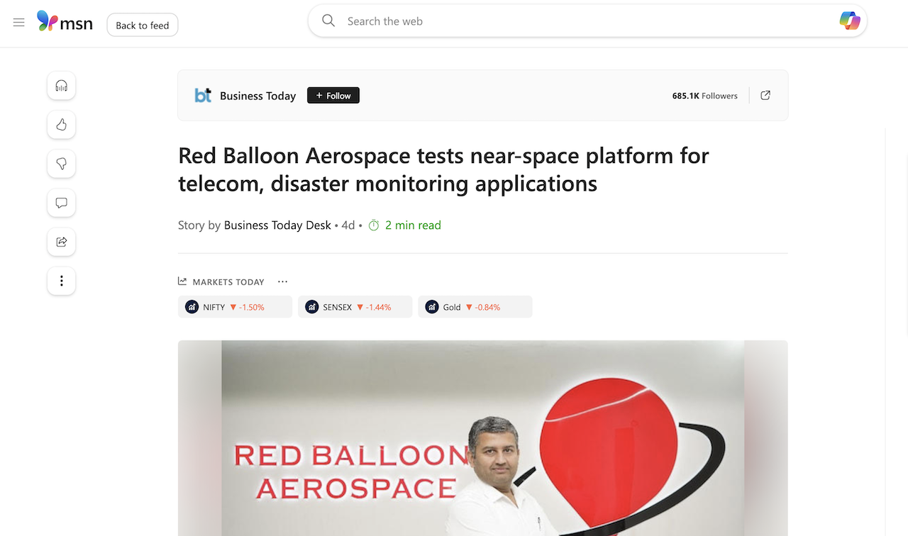 MSN — Red Balloon Aerospace tests near-space platform for telecom, disaster monitoring applications