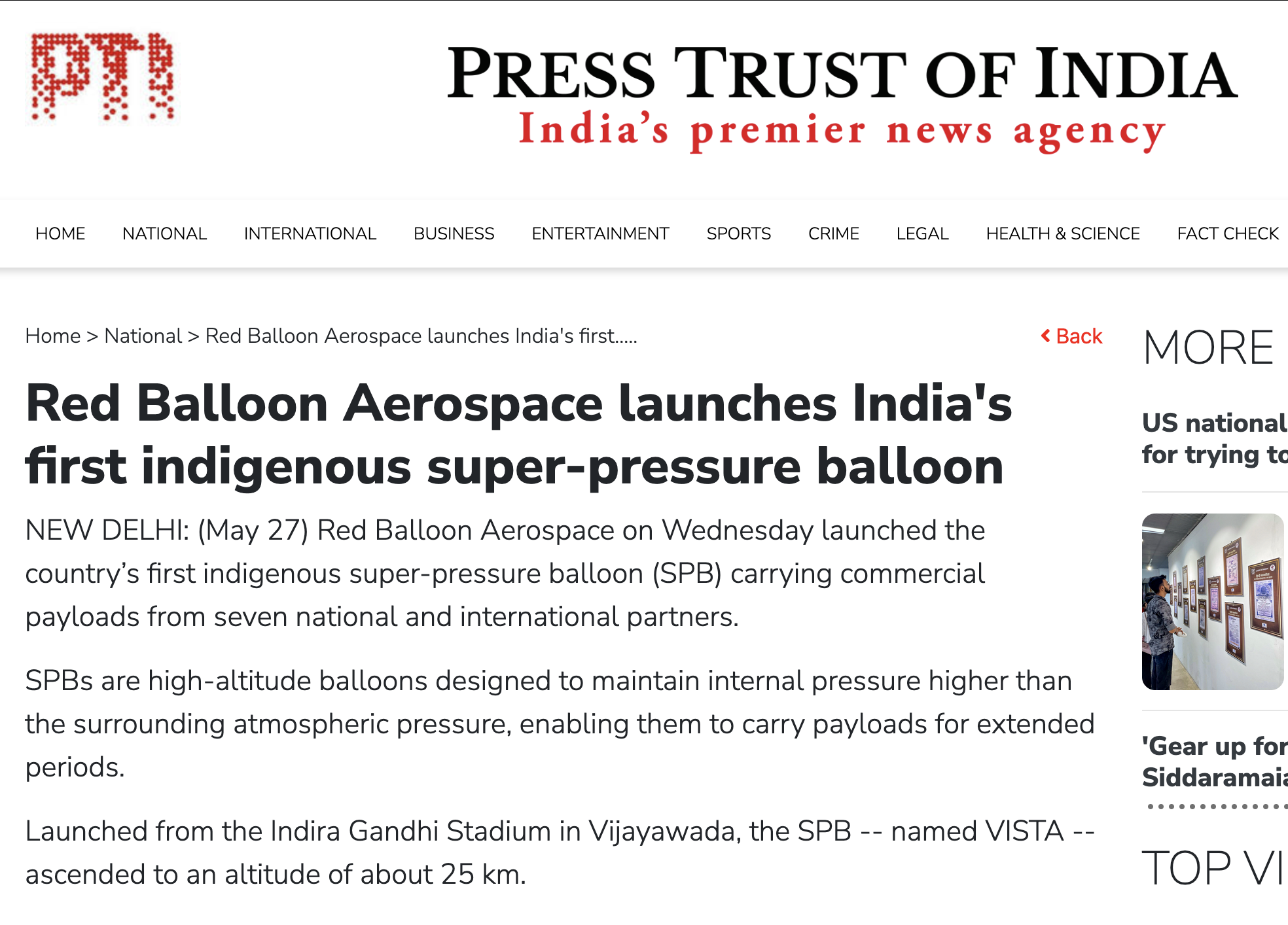 PTI — Red Balloon Aerospace launches India's first indigenous super-pressure balloon