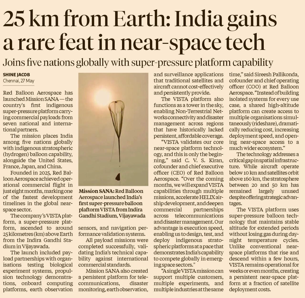 The Business Standard — 25 Km from Earth: India gains a rare feat in the near-space tech