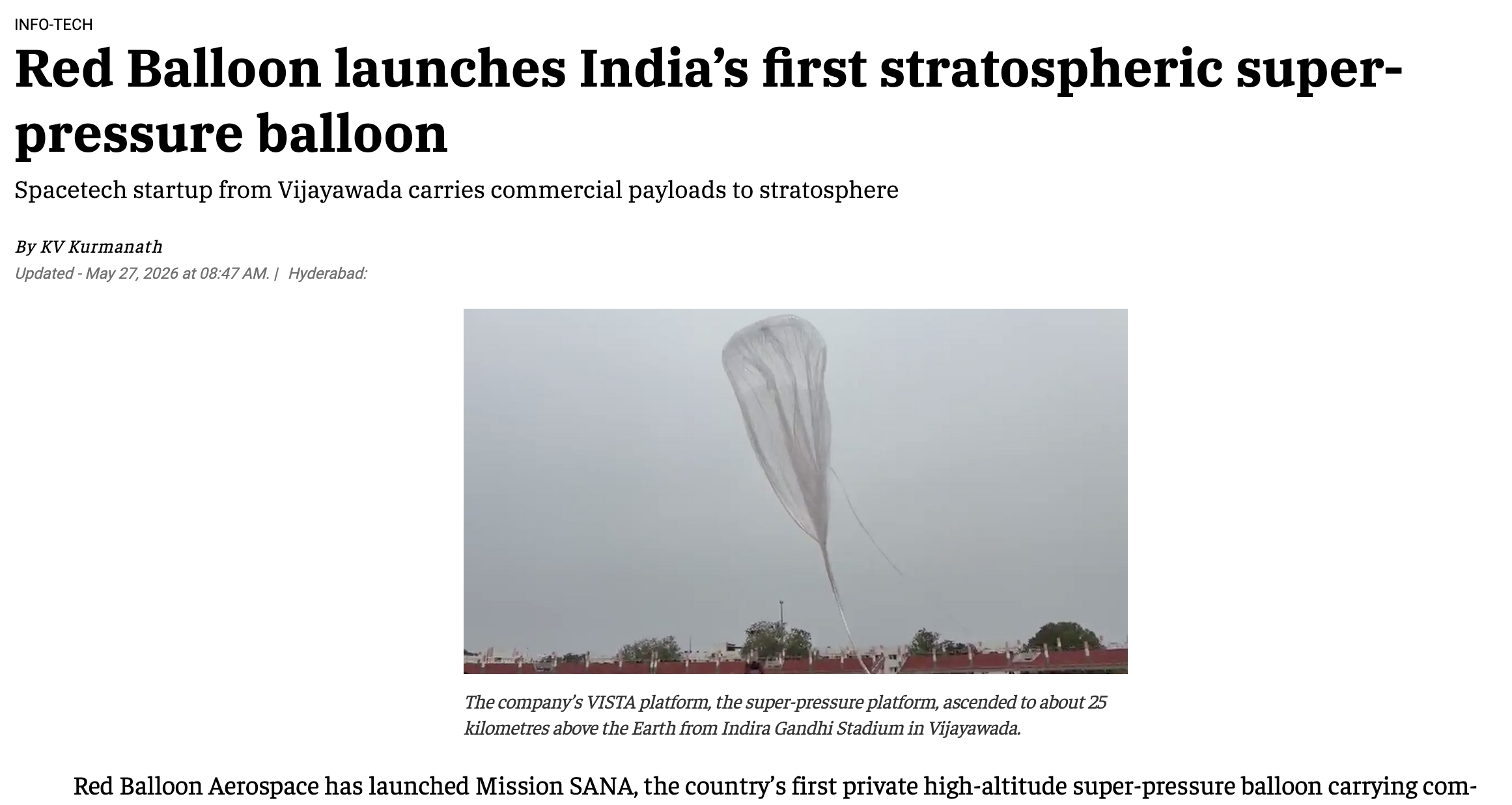 The Hindu Business Line — Red Balloon launches India's first stratospheric super-pressure balloon
