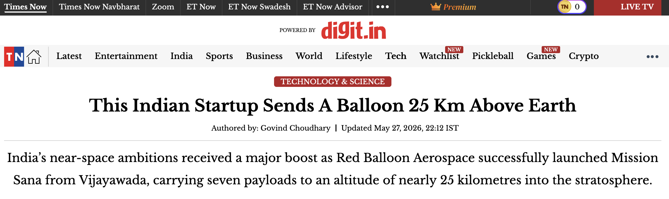 TN — This Indian Startup Sends A Balloon 25 Km Above Earth