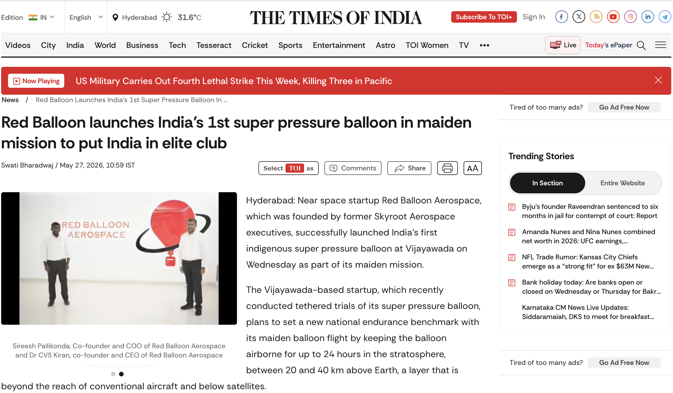 Times of India — Red Balloon launches India's 1st Super Pressure Balloon in Maiden Mission to put India in Elite Club